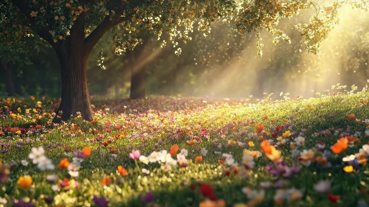 Sunlit meadow with flowers and trees, captured at a low angle, perfect for a serene video