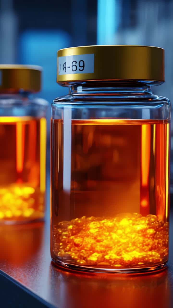 Liquido color ambra vivido contenuto in barattoli di vetro con coperchi dorati, che mostrano brillanti particelle luminose, creando un'esplorazione visiva scientifica e intrigante