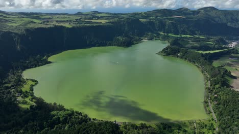 Panoramic-Aerial-View-Of-Lake-Furnas-In-Sao-Miguel,-Azores-Island,-Portugal
