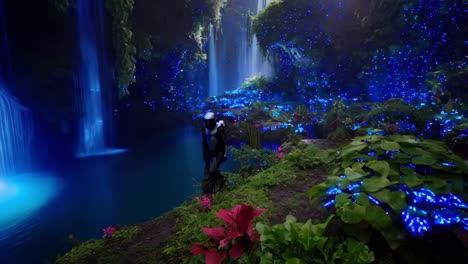 astronaut exploring a glowing underwater jungle waterfall cave