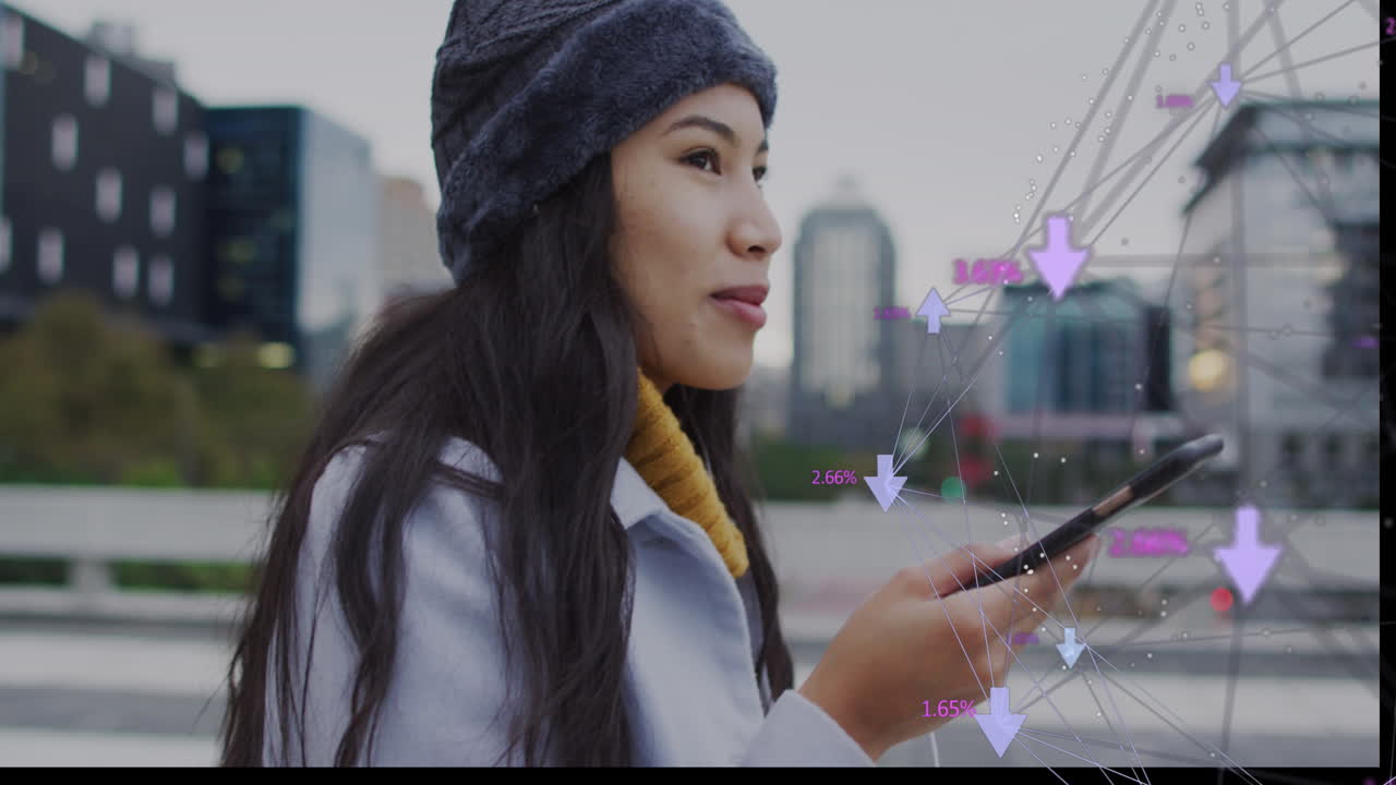 Animation of social media icons and business data over biracial woman using smartphone