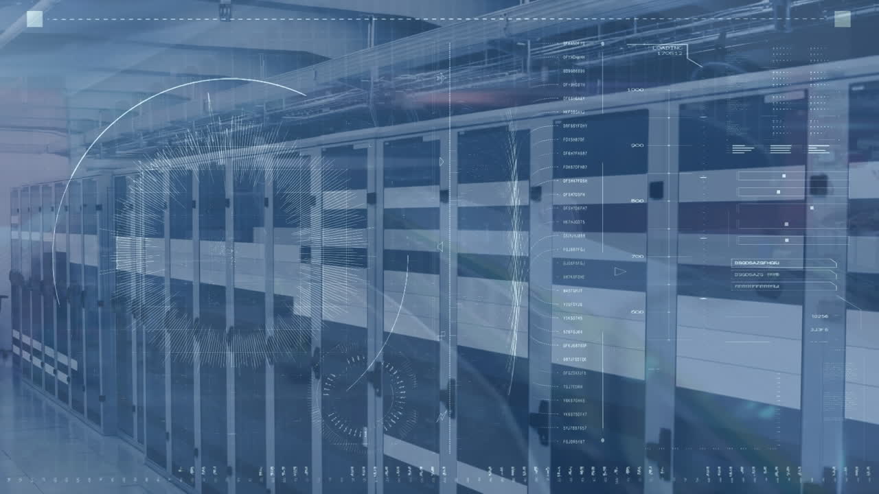 Animation of data processing with scope scanning over server room