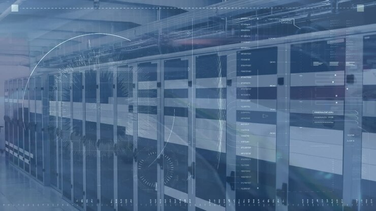 Animation of data processing with scope scanning over server room