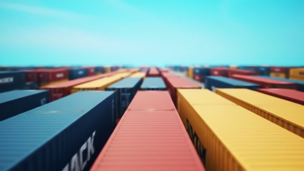 A vast array of shipping containers spans the port under a clear blue sky. This bustling hub symbolizes international trade, with containers ready for transport and shipments inbound and outbound.