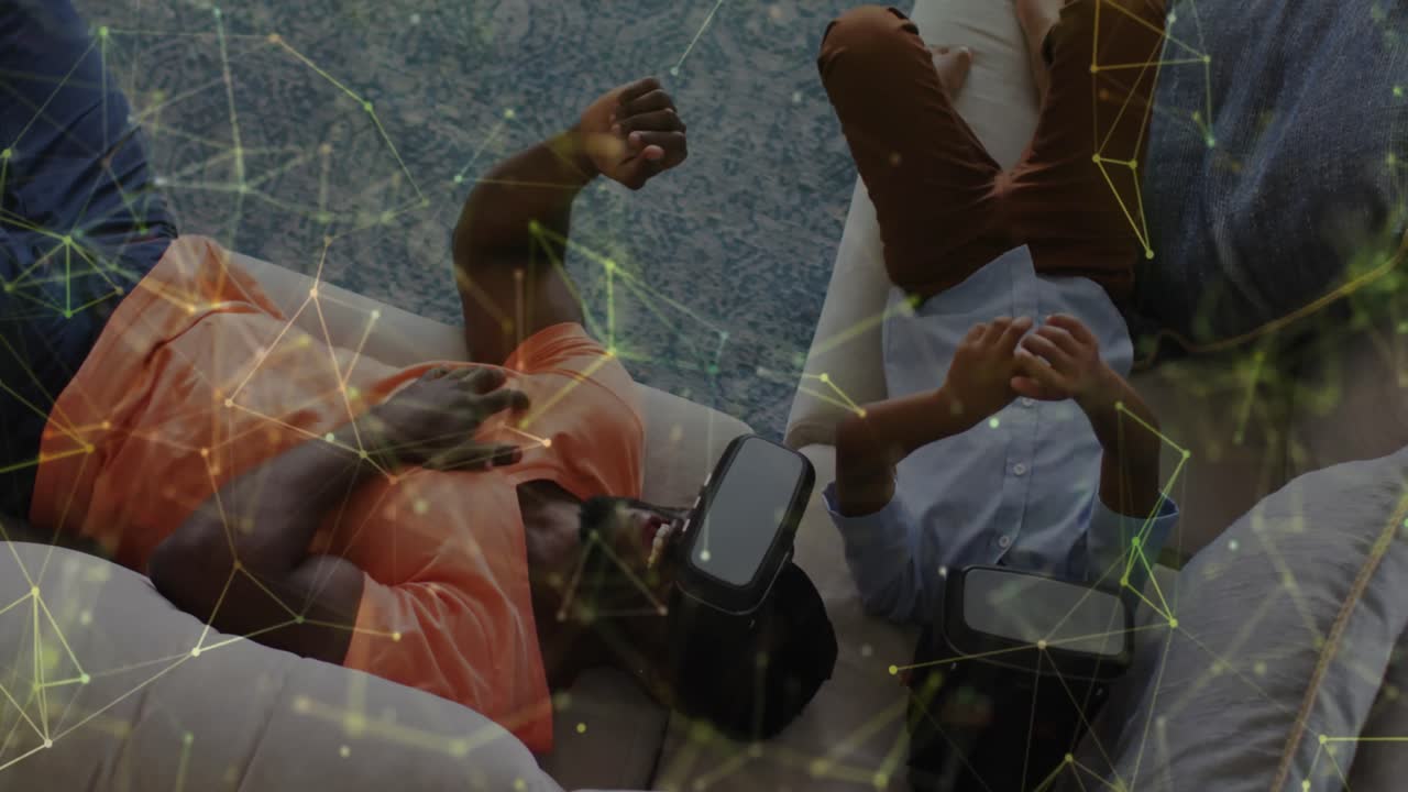 행복한 아프리카계 미국인 아버지가 vr 헤드 ⁇ 을 착용한 별자리의 애니메이션