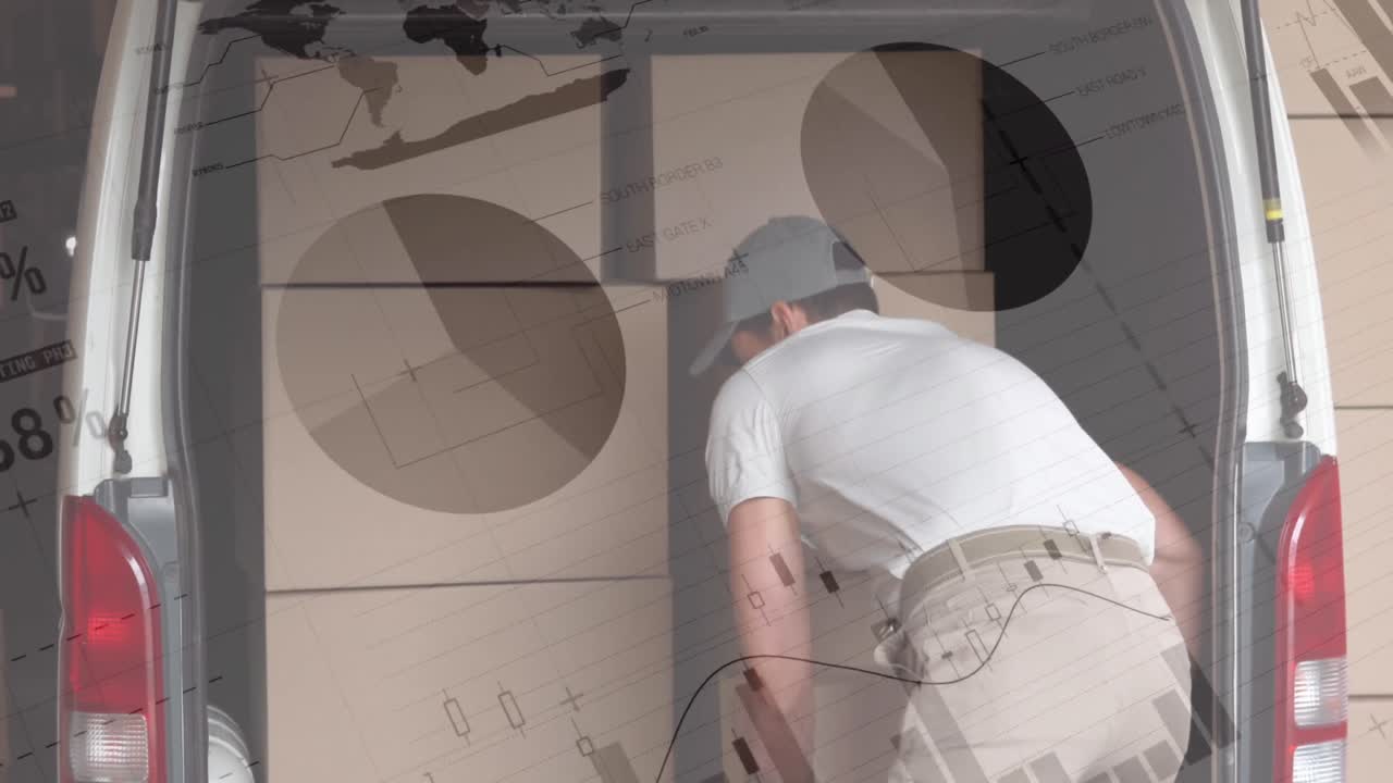 Statistical data processing against caucasian delivery man removing boxes from his delivery van