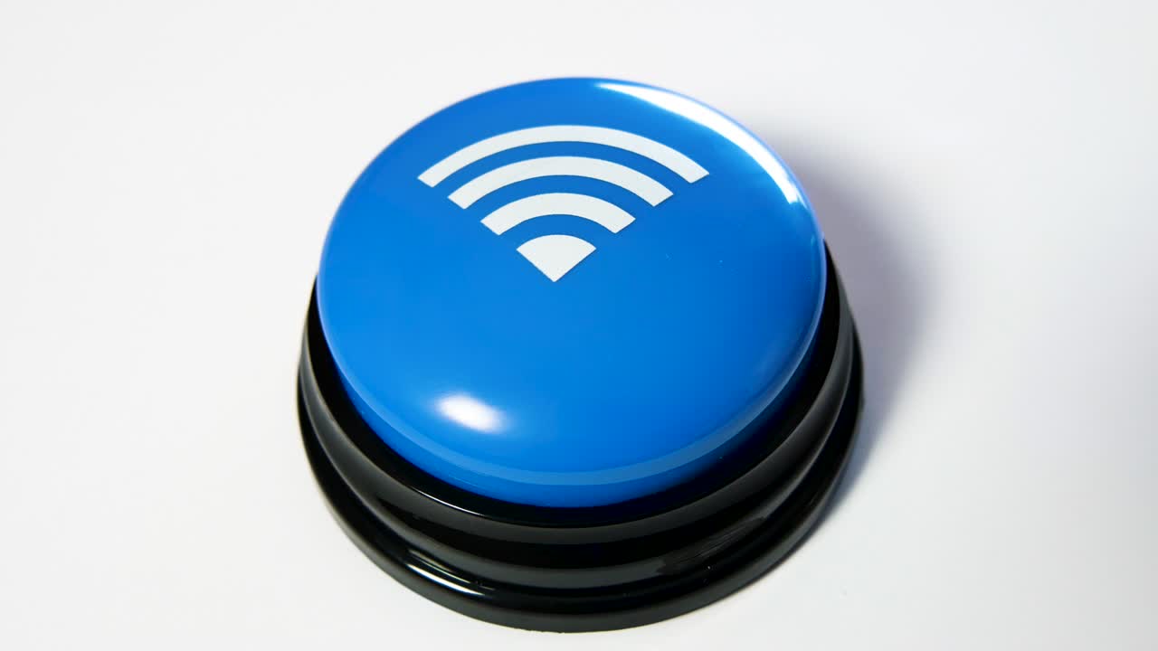 Woman turning on Wi-Fi by pushing a blue shiny button. Concept of fast wireless network connection. Using free internet in Wi-Fi zone. Button with a wave signal icon. Hotspot interface, secure network