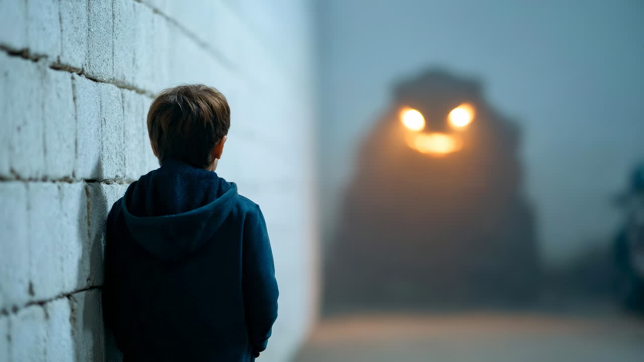 Child stands alone in dimly lit hallway. A boy faces a wall in a dark hallway, looking at a light that shines in the distance. He seems lost in thought