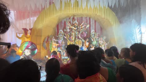 during this time of durga puja, one of the main festivals of bengalis, people throng the idol premises in large numbers to see the goddess.