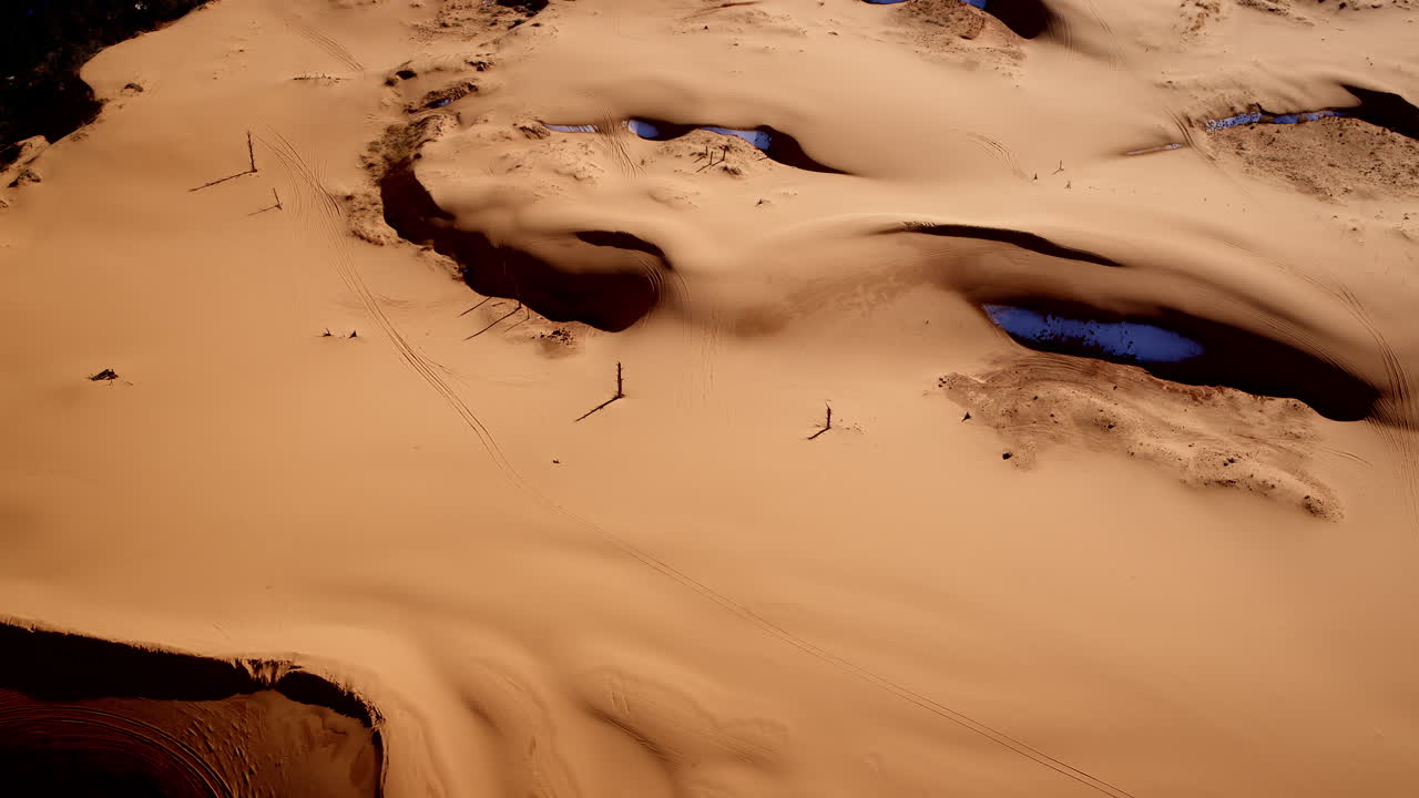 Aerial view revealing the organic lines and soft forms of the pink sands below.