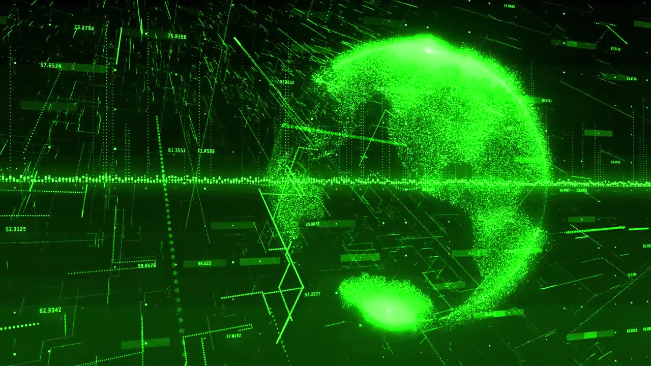 Animation of green spots moving and globe over data processing on black background