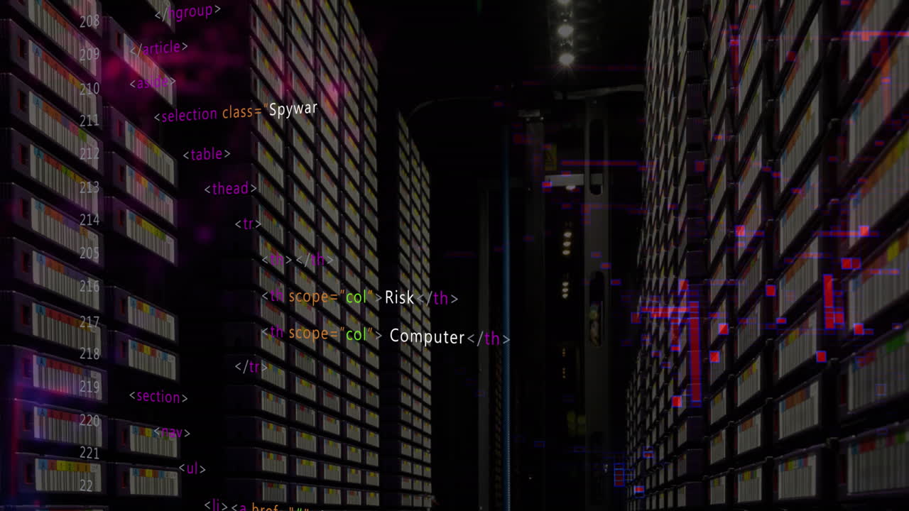 animación del procesamiento de datos contra la sala de servidores de computadoras