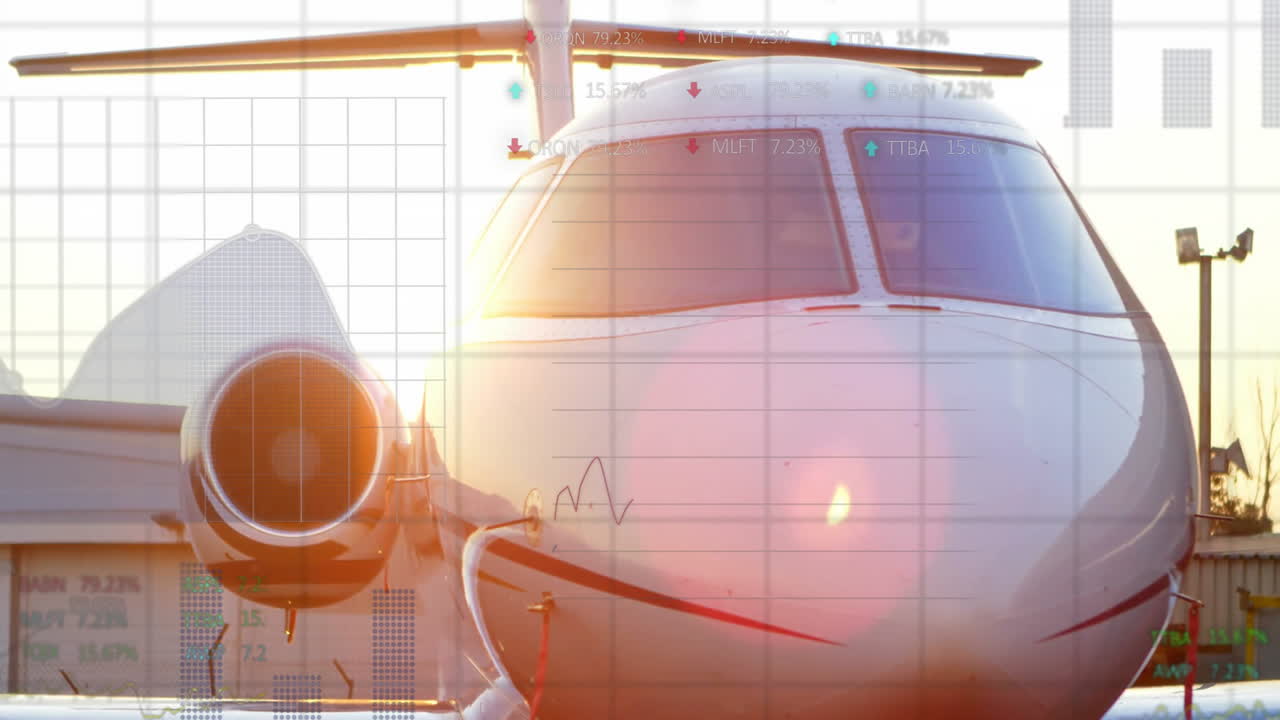 Private jet flying with animation of financial data and stock market graphs