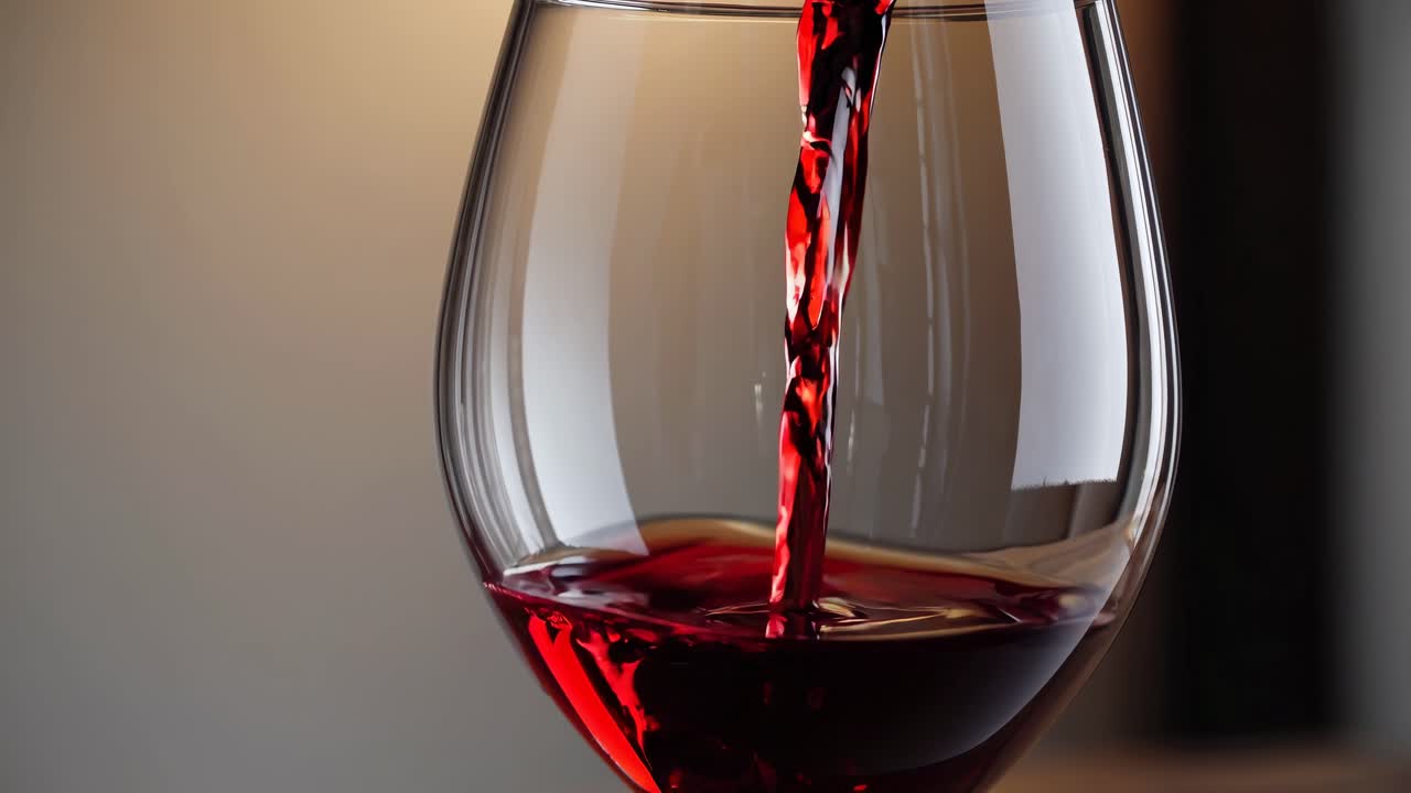 Video ravvicinato di vino rosso versato in un bicchiere, ripreso da un angolo laterale