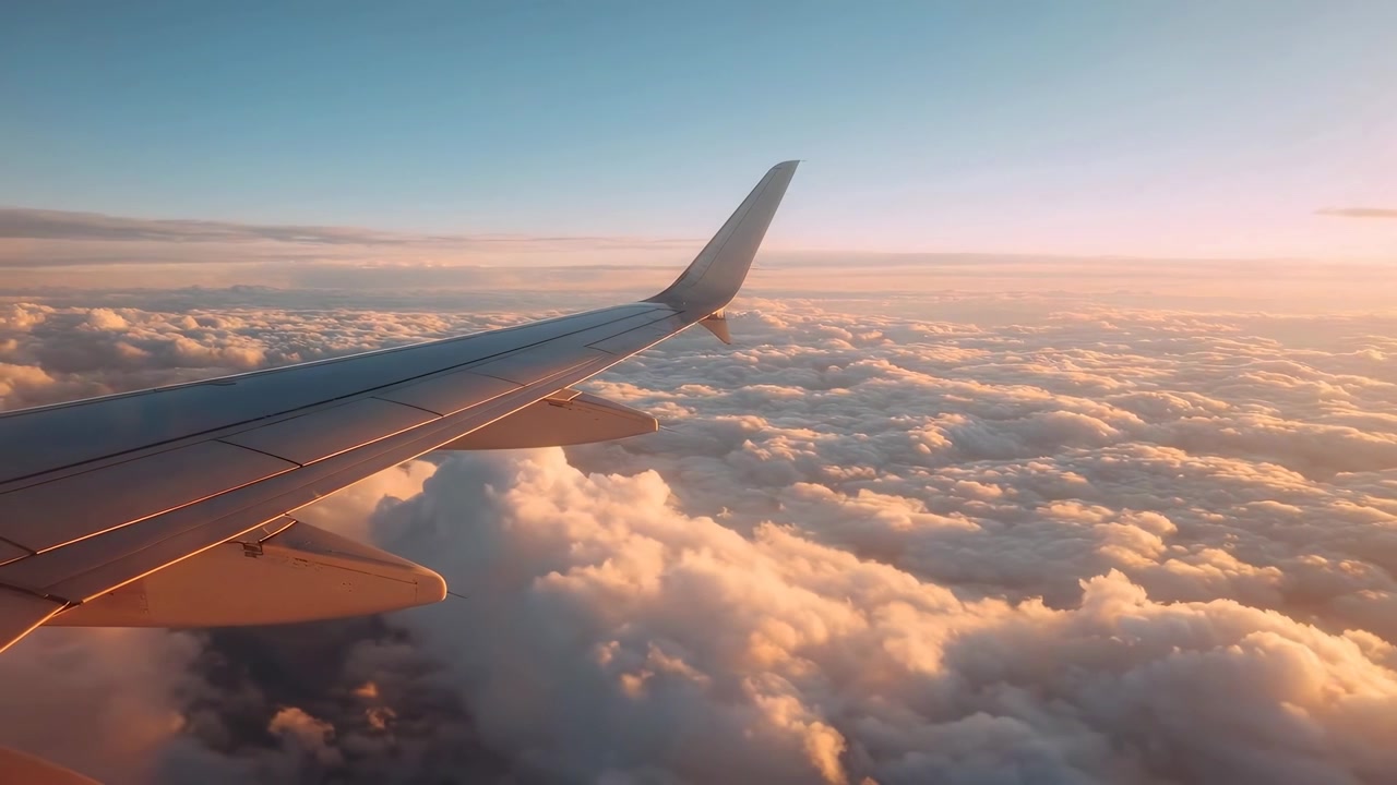 Airplane Wing Soaring Above Fluffy Clouds During Golden Hour