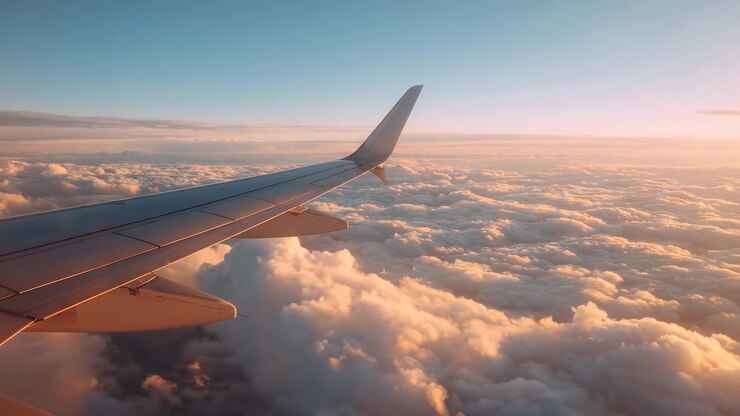 Airplane Wing Soaring Above Fluffy Clouds During Golden Hour