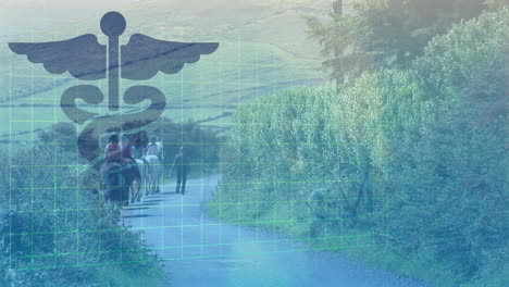 animation of medical symbol overlaying people walking on rural path with grid