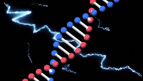 animación de una hebra de adn que gira sobre corrientes eléctricas azules brillantes sobre un fondo negro