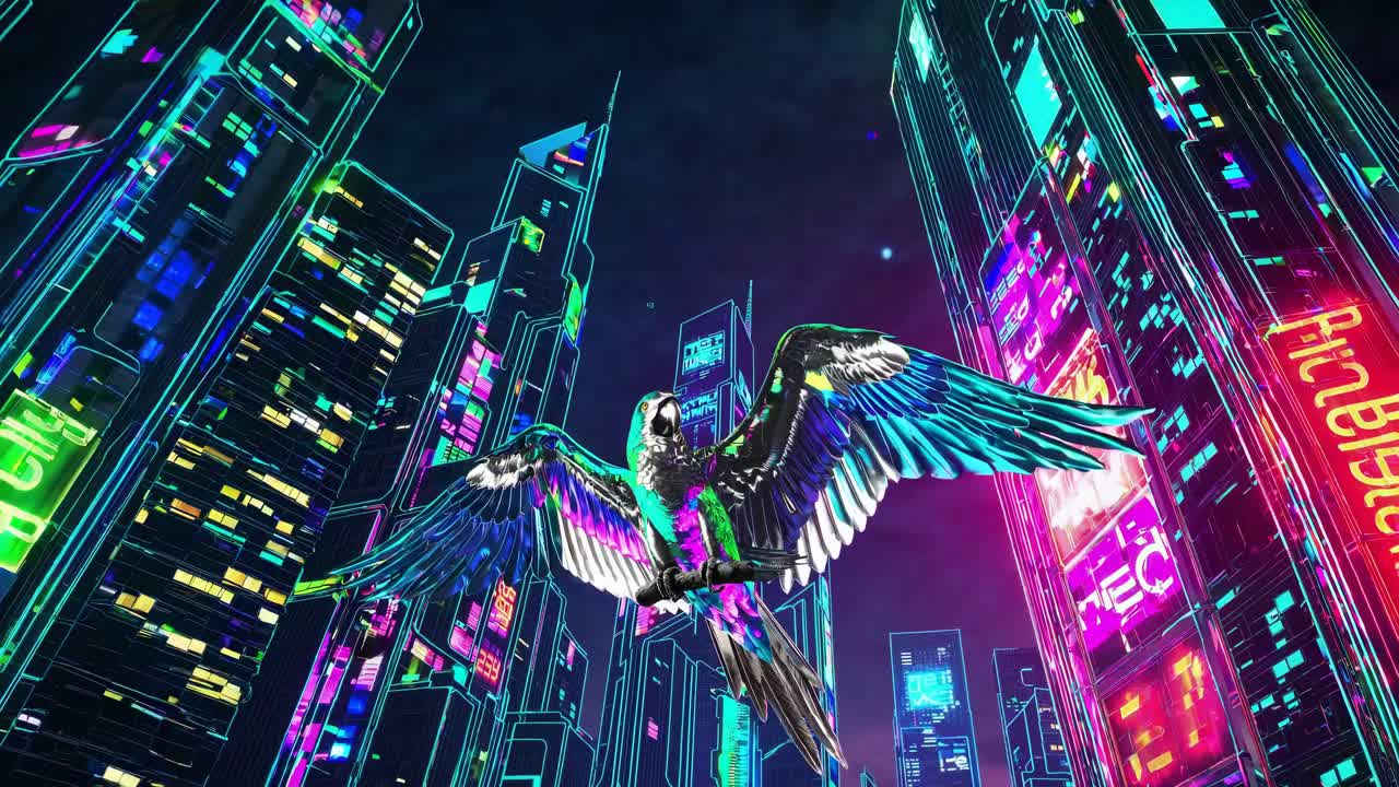 Parrot in a Cyberpunk Cityscape