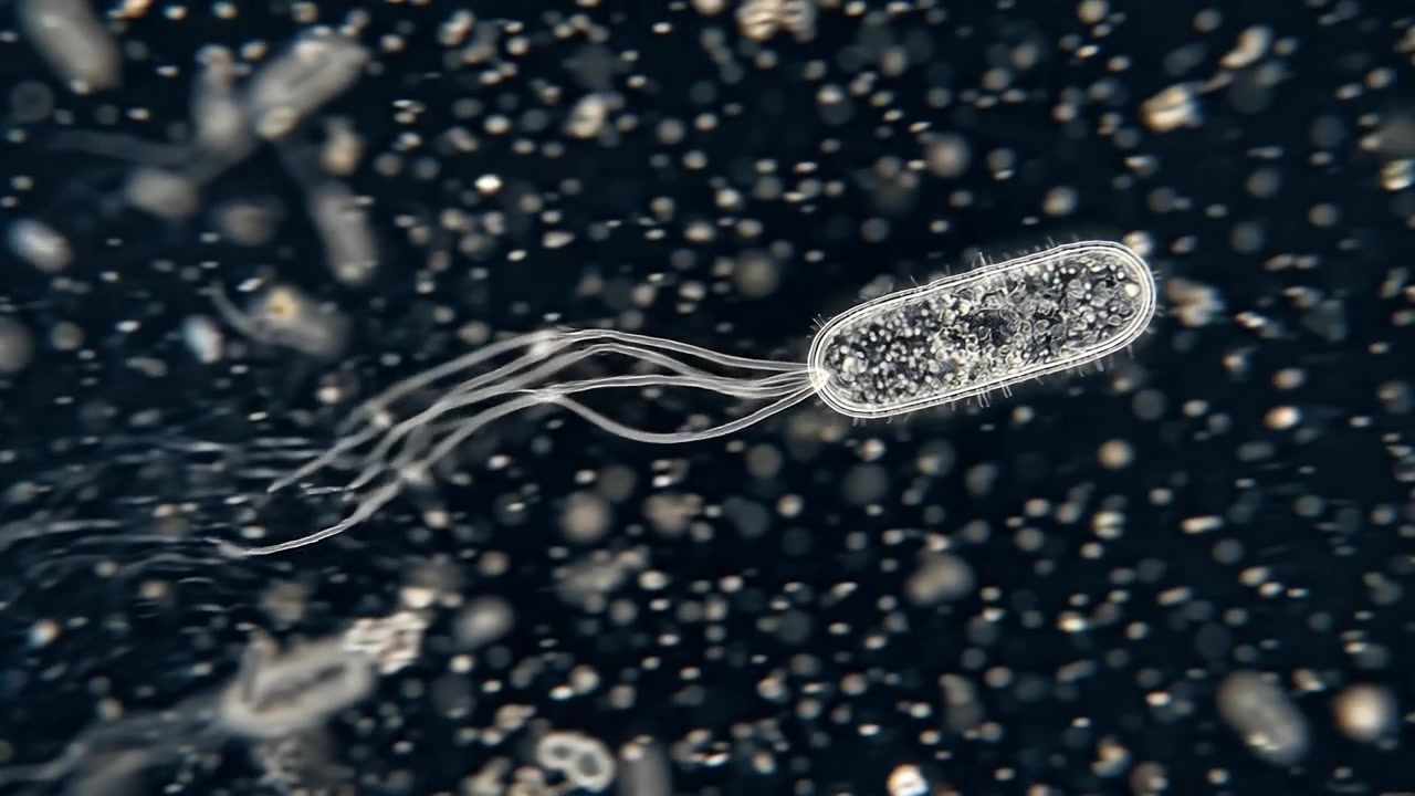 Vista microscopica di batteri che nuotano in un fluido