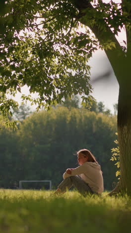 woman sits peacefully by a large tree in lush greenery, sunlight casting a warm glow, background shows distant trees, a football goalpost, and subtle movement of leaves and a figure in the distance