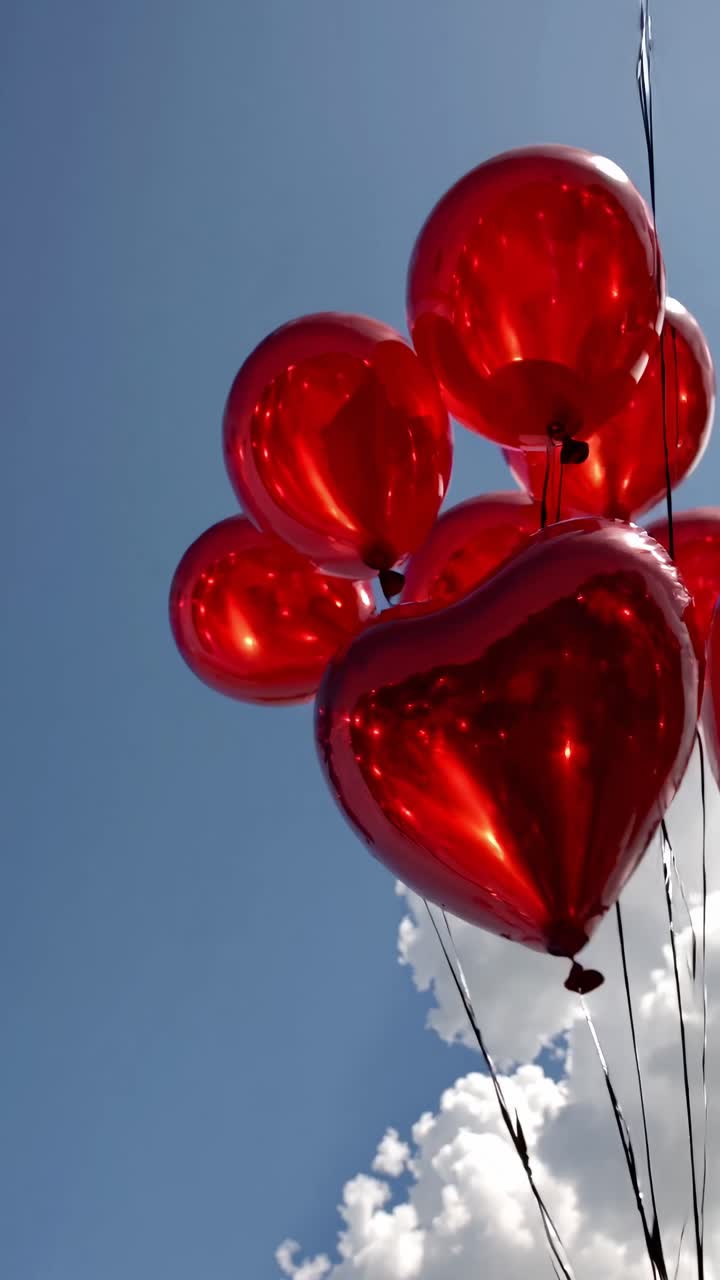Vídeo en ángulo bajo de globos rojos con forma de corazón sobre un cielo azul despejado con nubes esponjosas