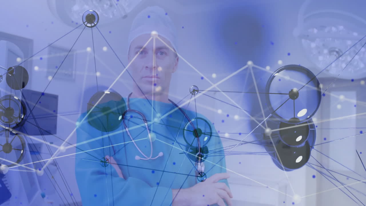 Doctor using medical monitors in clinical room, integrating health technology with network overlay