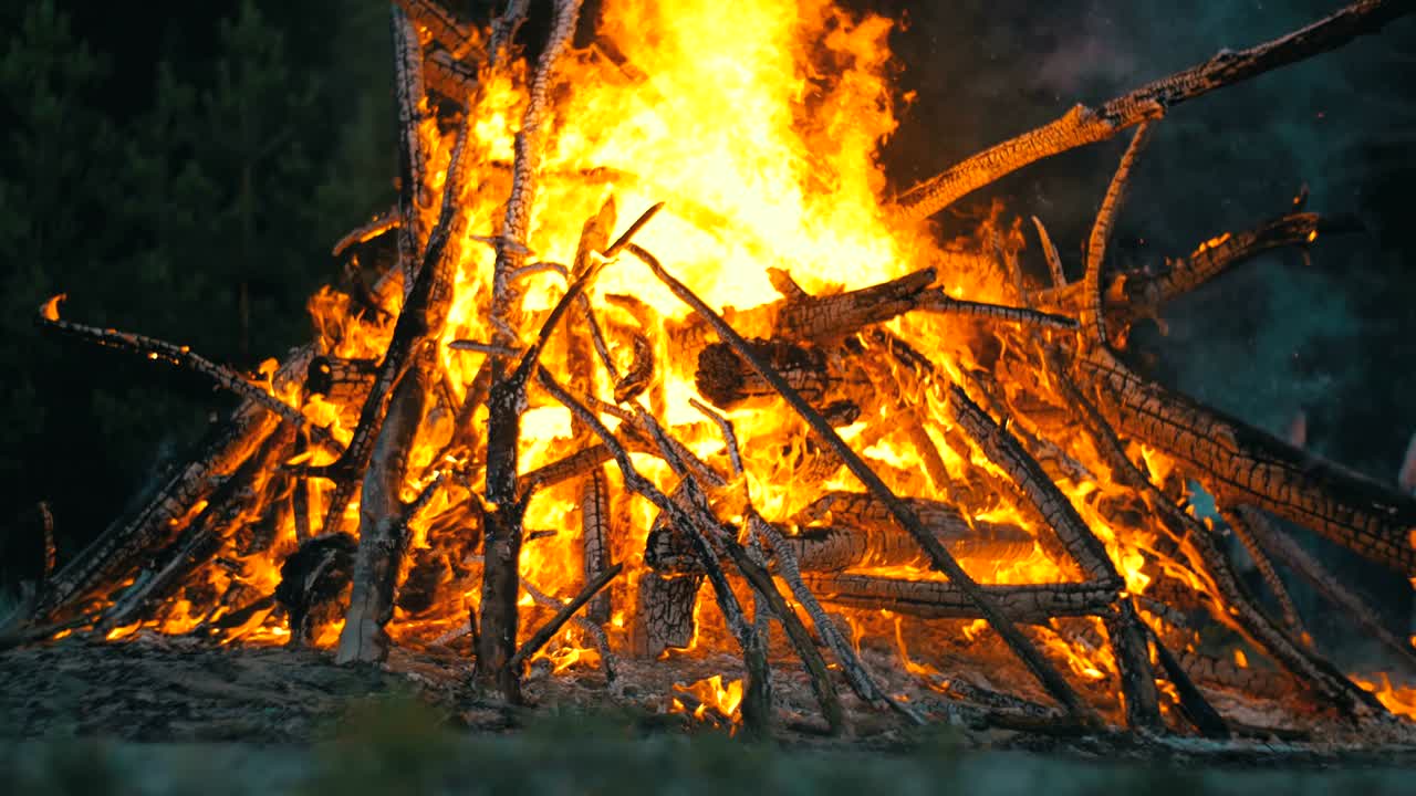 큰 캠프 불은 밤에 숲에서 나가지에서 불타고 있습니다.