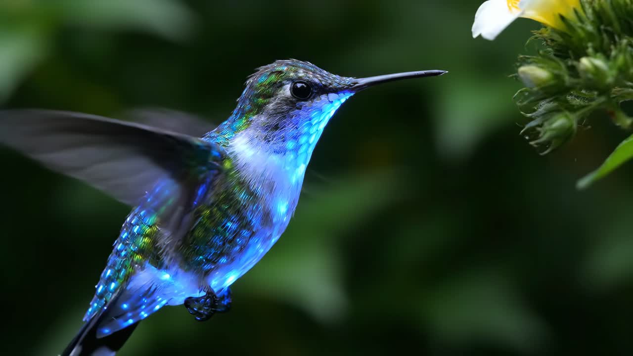 A close-up of a hummingbird in flight near a flower