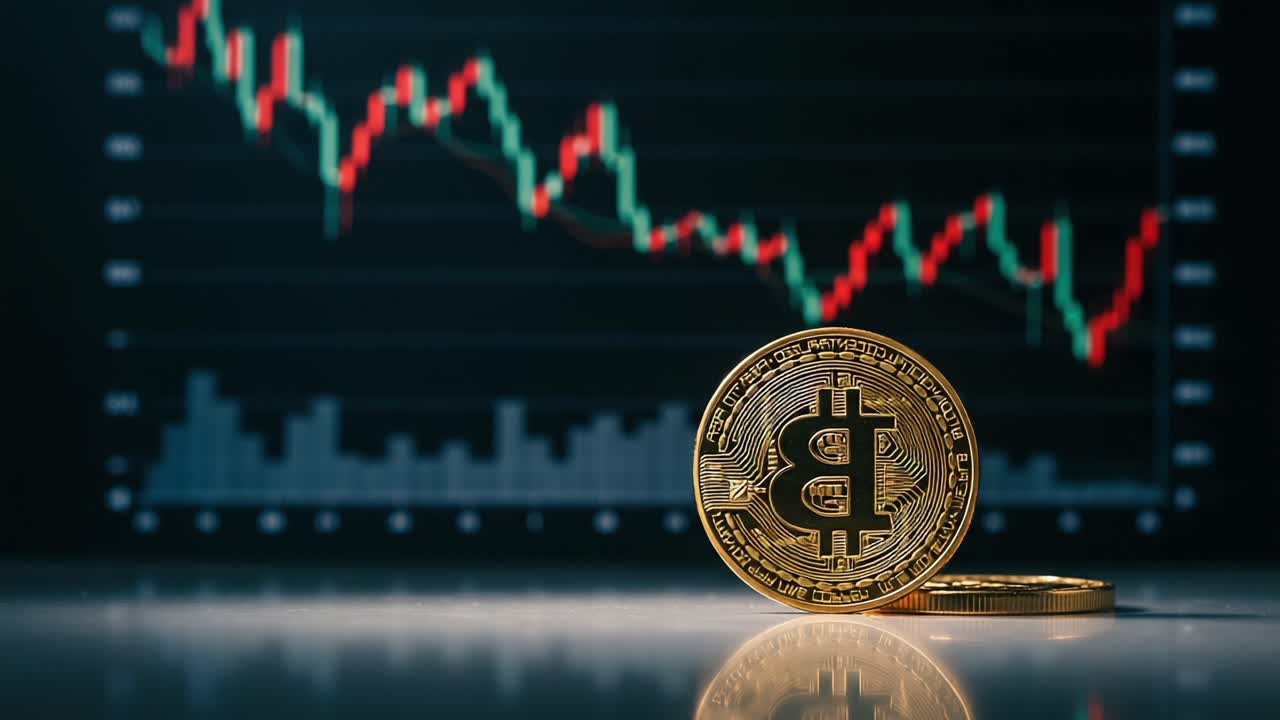 Bitcoin Cryptocurrency on Display with Price Chart Behind – An Intriguing Insight into Market Fluctuations, Investment Trends, and Digital Currency Dynamics