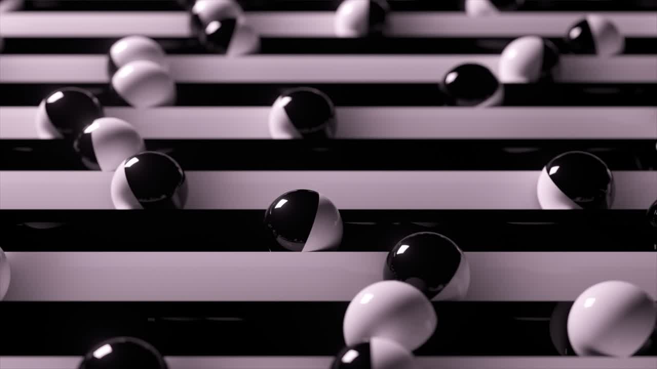 Bright colorful background with rolling balls along the paths. Plastic ball rolling in geometry deepening. 3d animation of a seamless loop