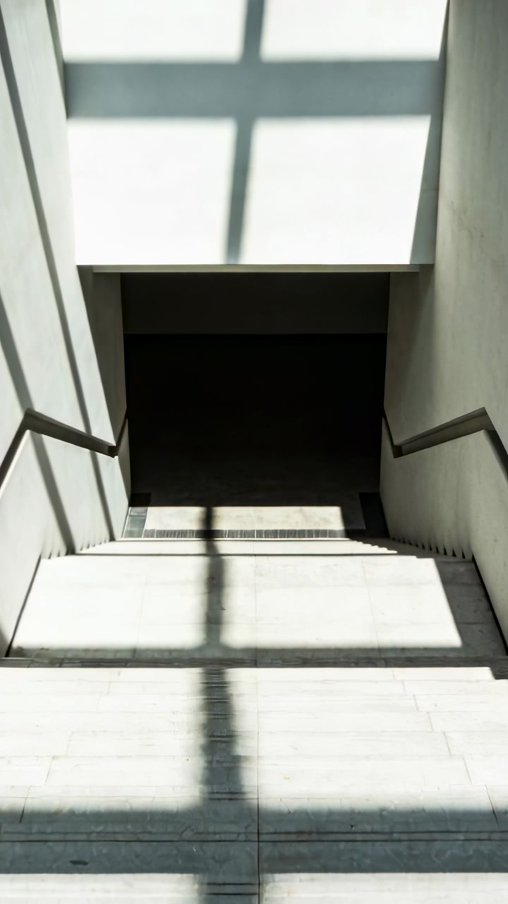 Skylight shifting sunlight, casting cross shadow down stairs, revealing dark doorway for design