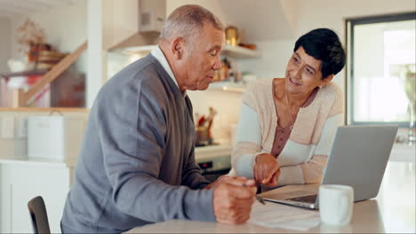 talking, senior couple and insurance with laptop