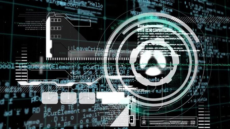 Animation af cirkulær sikkerhedslås roterende over databehandling, på sort