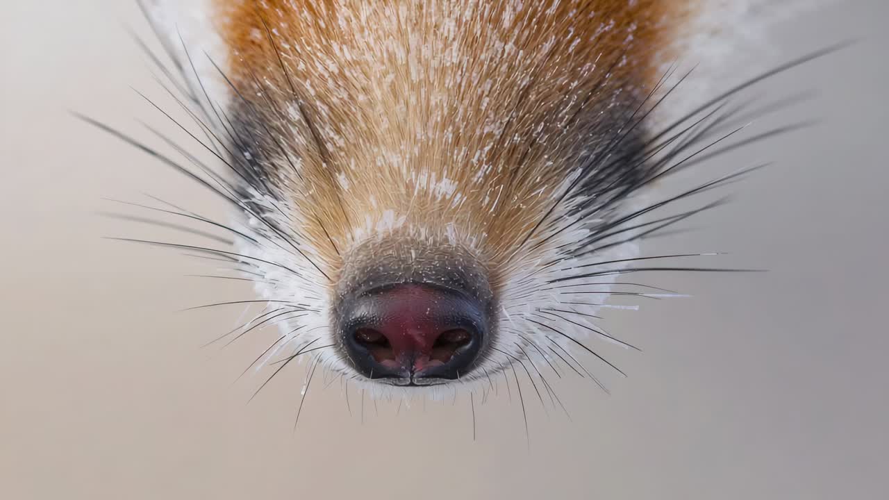 カメラを後ろに引くと、雪の中で頭を上げる赤いキツネが現れ、濡れた黒い鼻とヒゲが見えます。