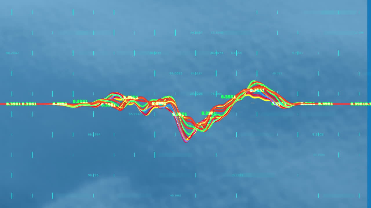Animation of financial data processing against textured blue background