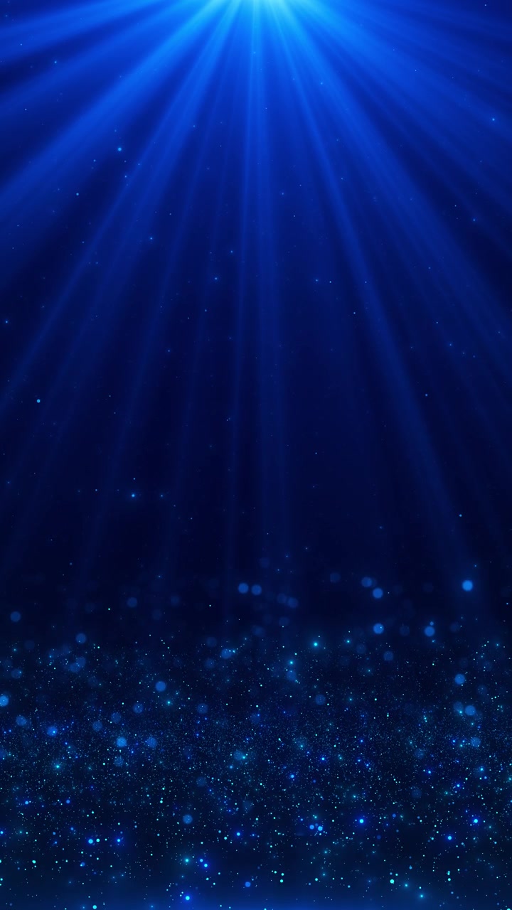 Elegant blue light stage visual bright overhead rays sparkling particles dark gradient depth