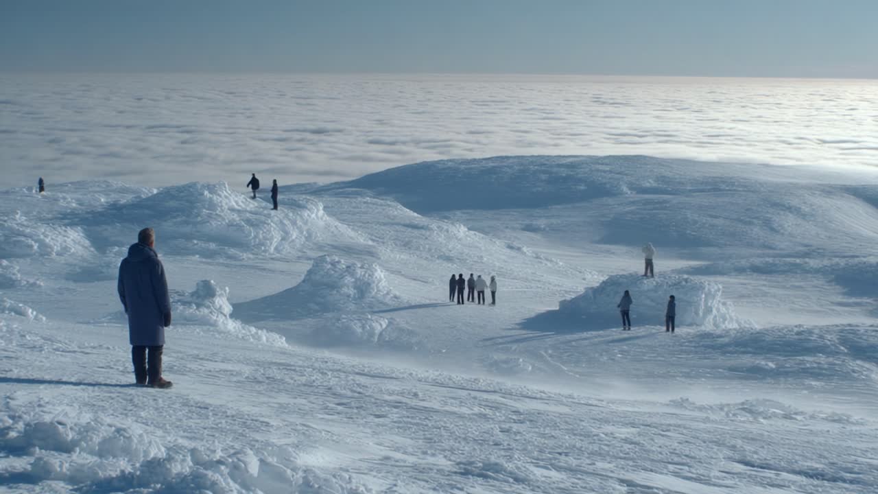 A Breathtaking Winter Landscape with Adventurers Exploring Snow-Covered Terrain Under a Clear Sky Above a Sea of Clouds