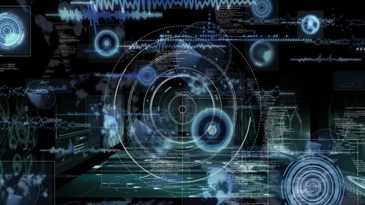 Animation of scope scanning over data processing on black background