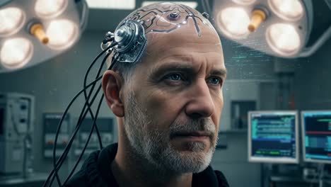exploring advanced neuroscience in a futuristic surgical environment with cutting-edge technology and human connection