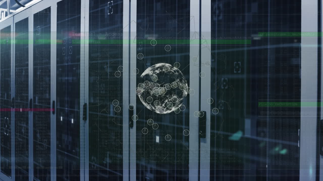 Animation of globe and data processing over server room