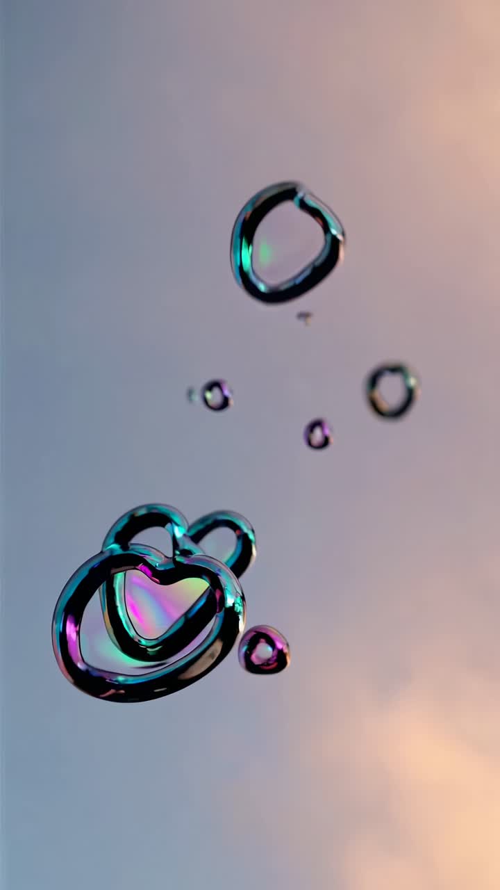 Close-up video of iridescent bubbles floating against a soft sky background, captured from a low