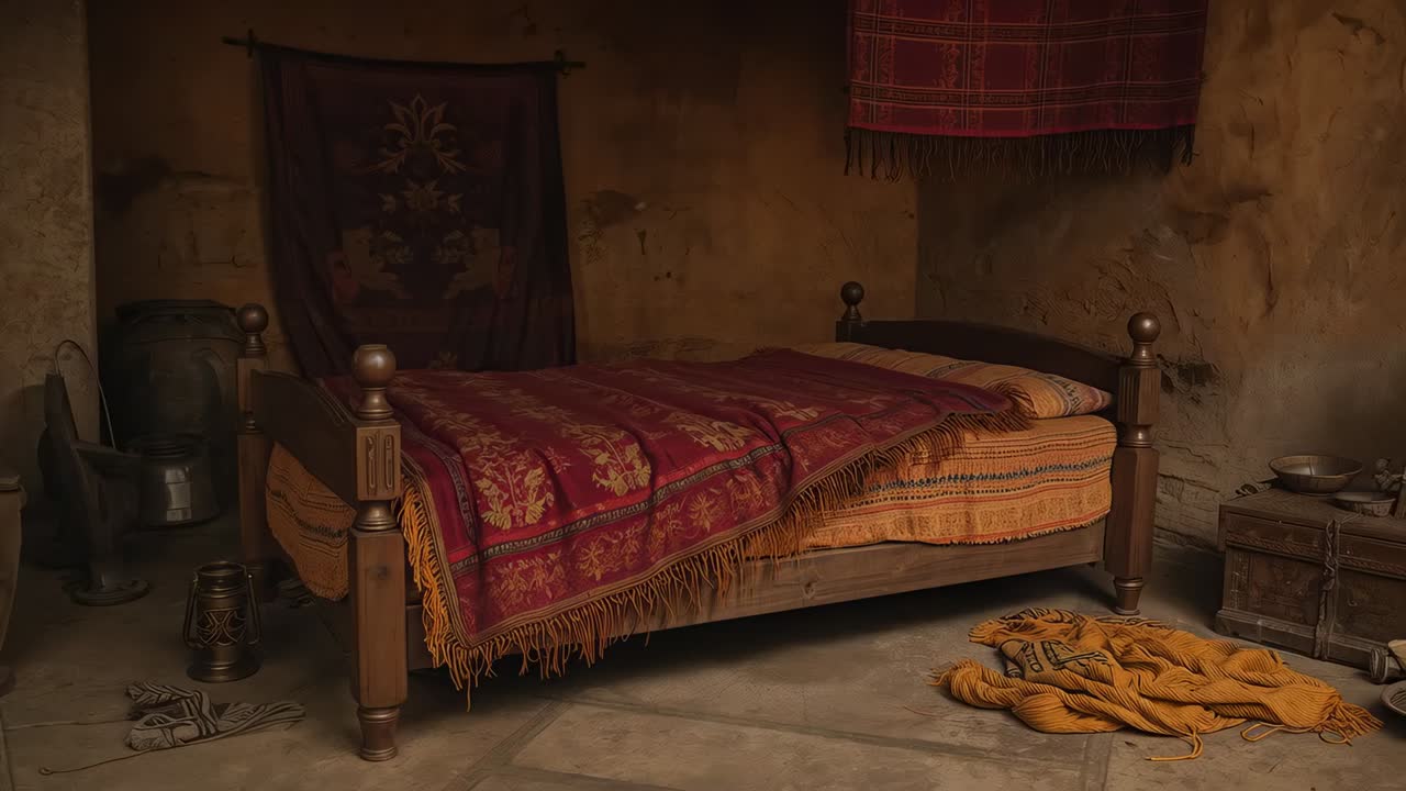 Playback starting causing camera panning right in rustic room, revealing wooden bed, red blanket
