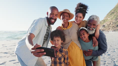 funny, selfie and big family at a beach