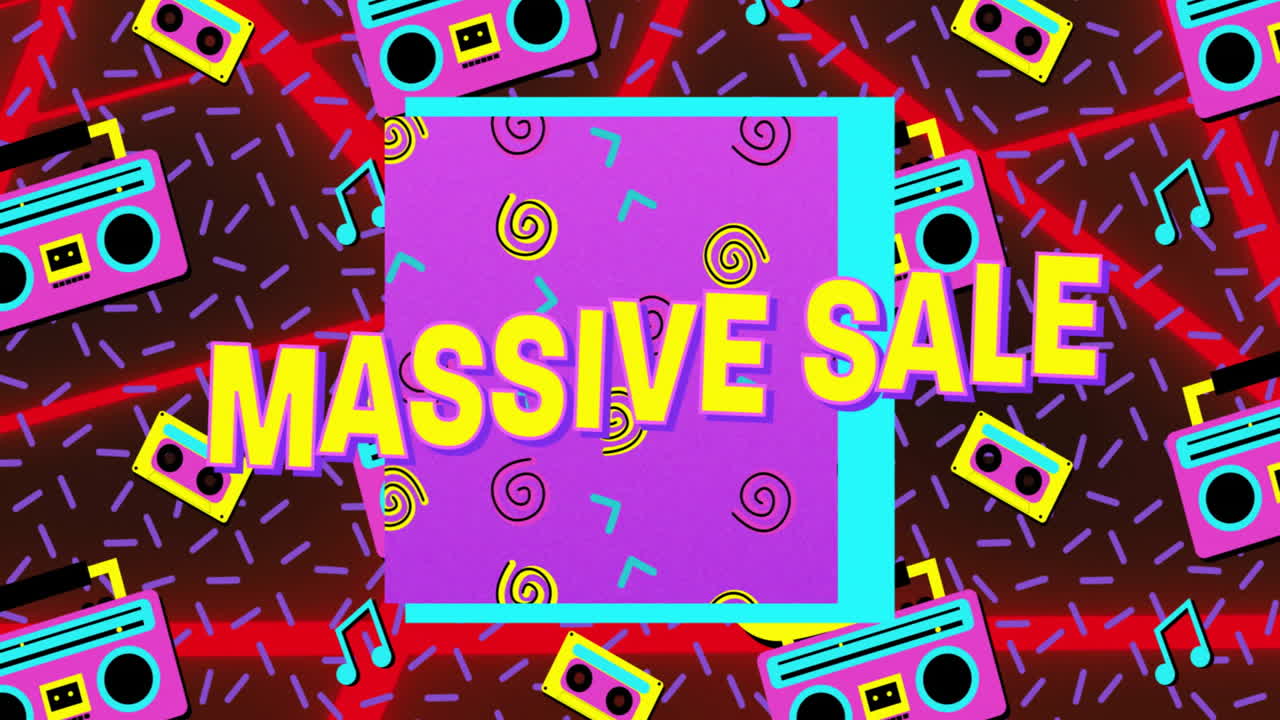 Colorful boomboxes and music notes with massive sale text in animation style