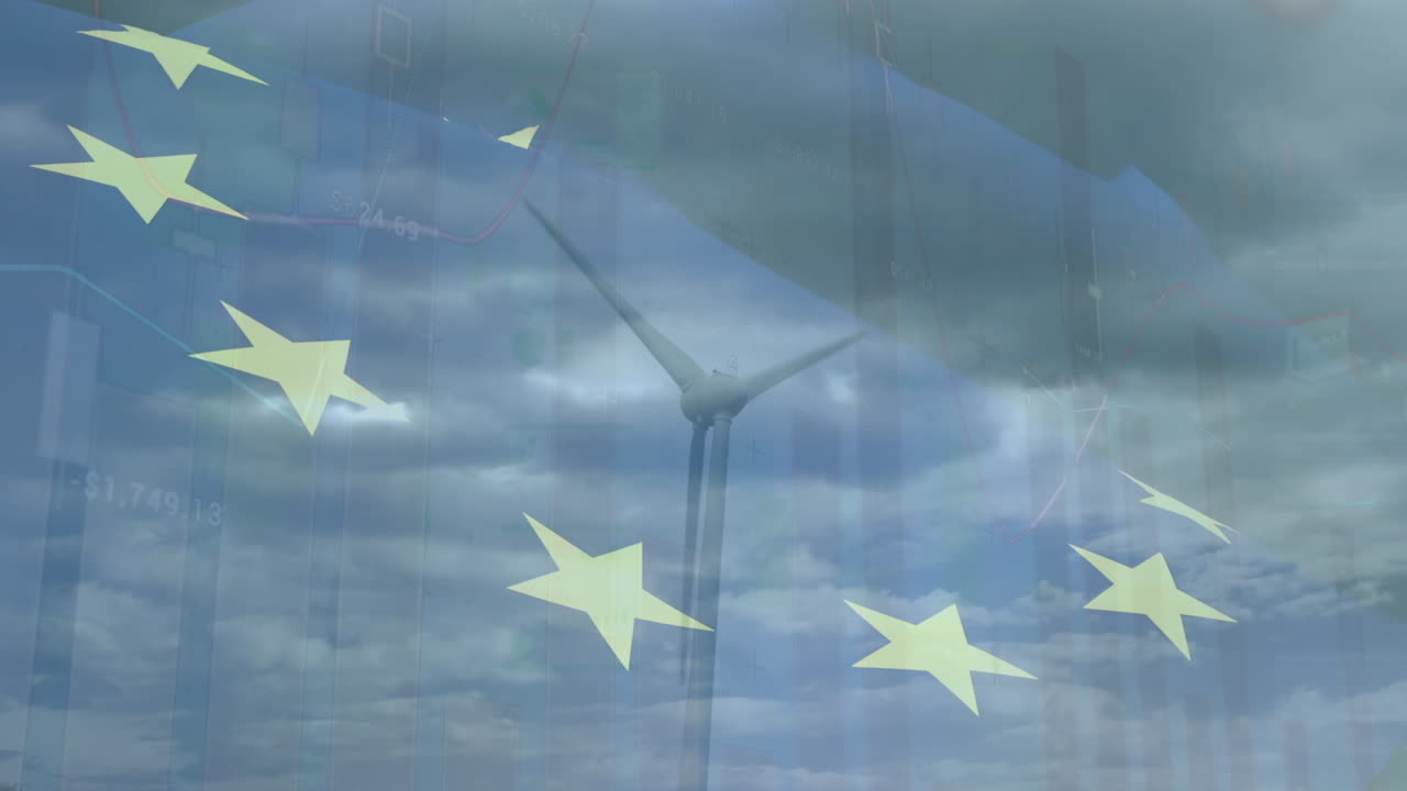 Animazione di bandiera dell'Unione Europea su turbina eolica