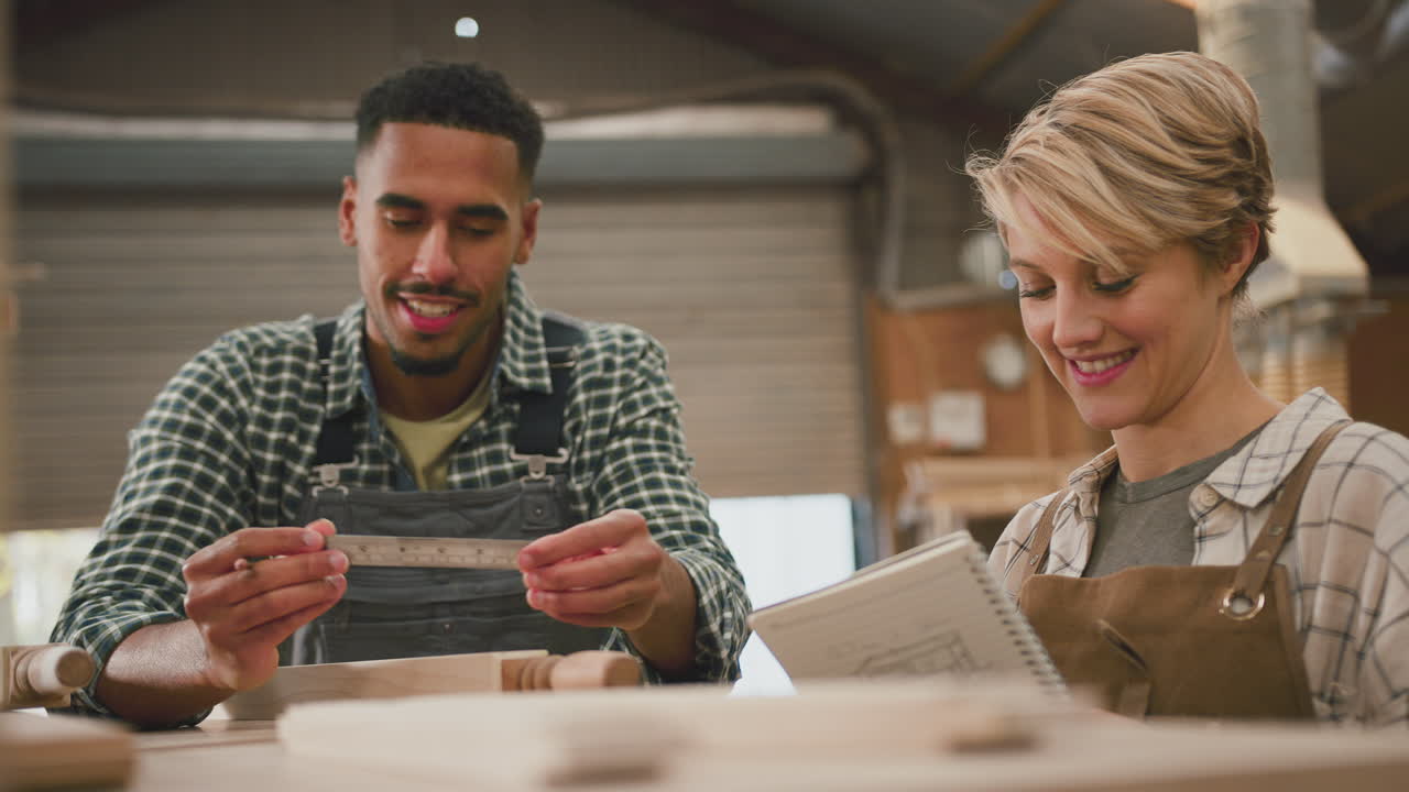 Male And Female Apprentices Working As Carpenters In Furniture Workshop Measure Wood And Take Notes