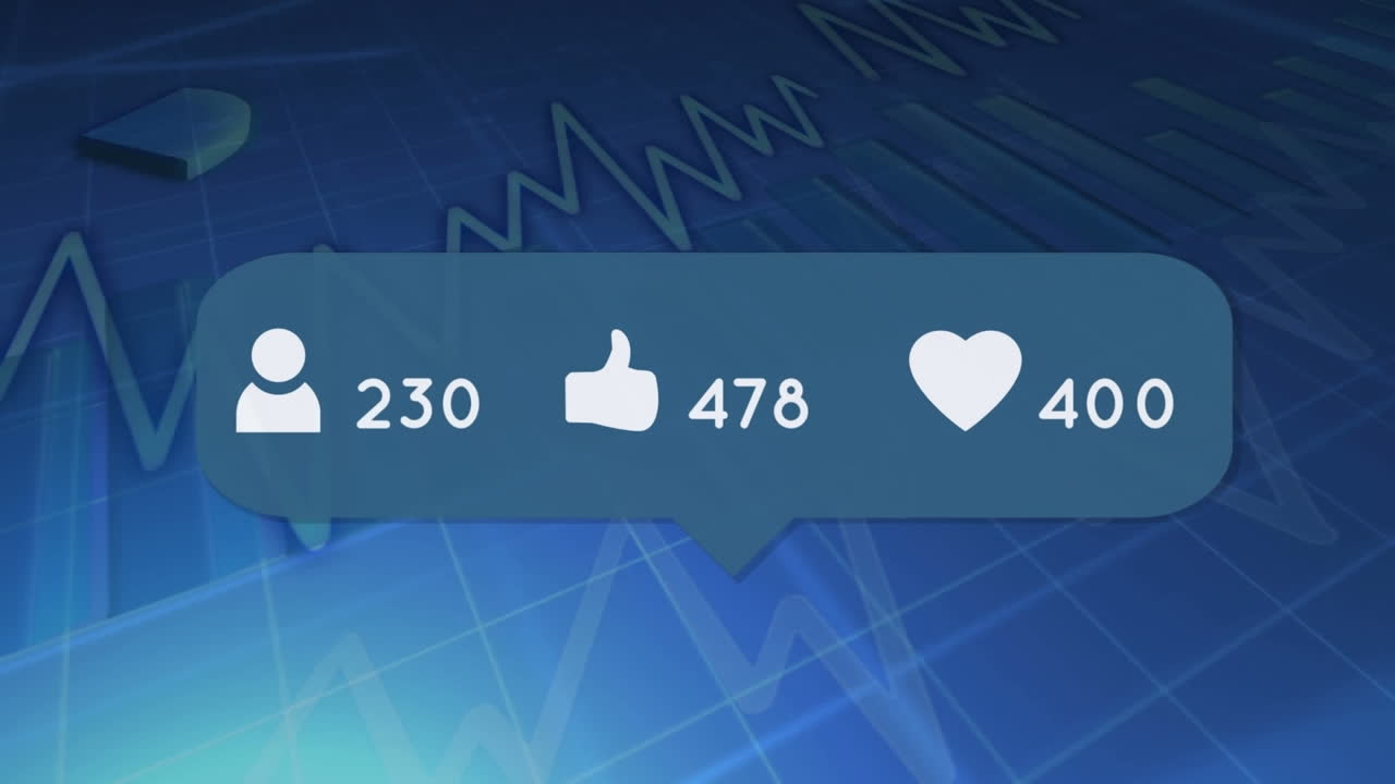 Animazione di icone dei social media e numeri in crescita su un cardiogramma