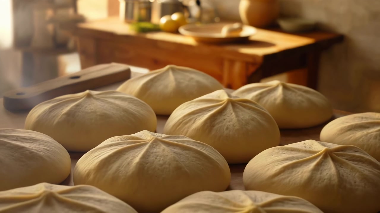 Close-up kitchen view of pleated dough rounds on floured wooden work surface, showing shaping process from flat discs to gathered centers under warm natural sunlight