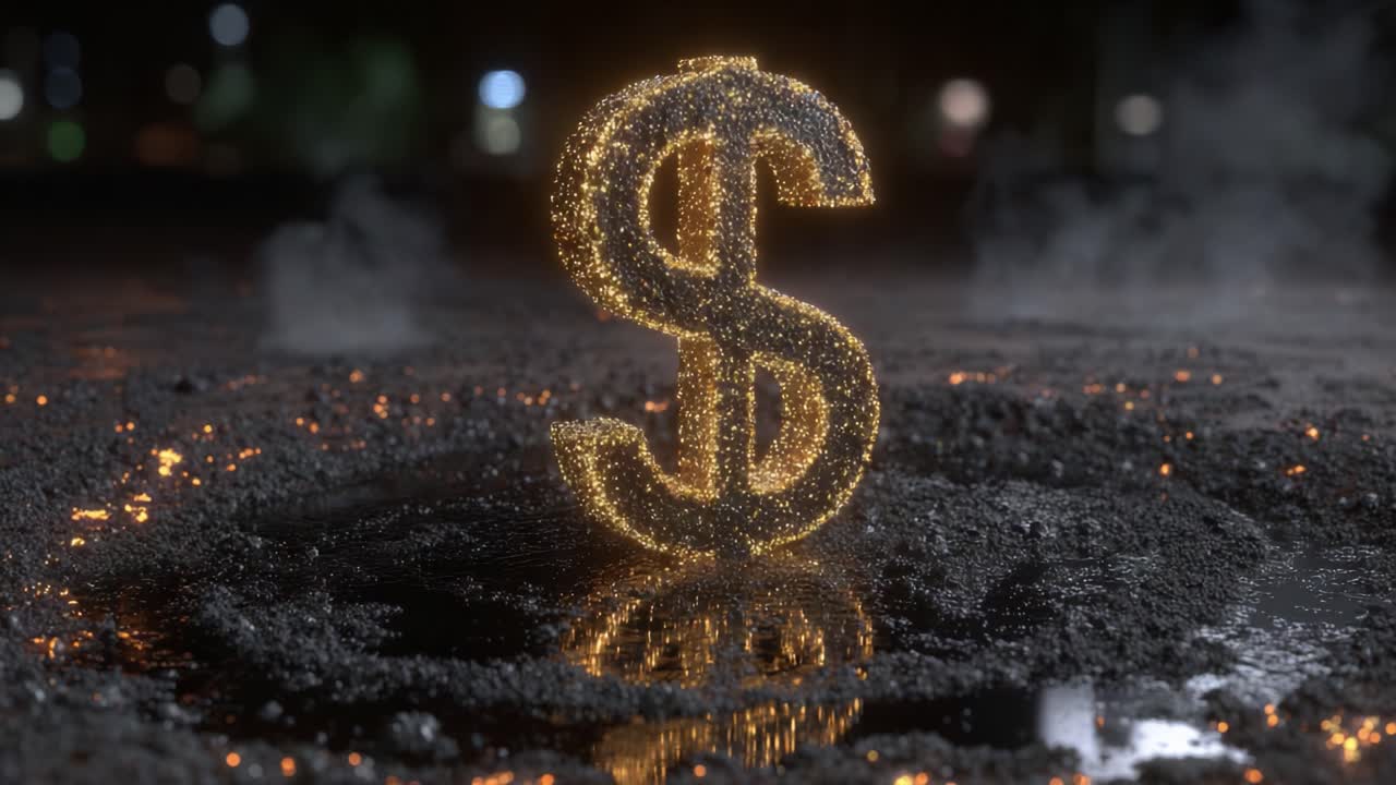 Dramatik Bir Duman ve Kıvılcım Arka Planıyla Aydınlatılmış, Esrarengiz Bir Gece Sahnesinde Zenginlik ve Refahı Simgeliyen Parıldayan Bir Dolar İşareti